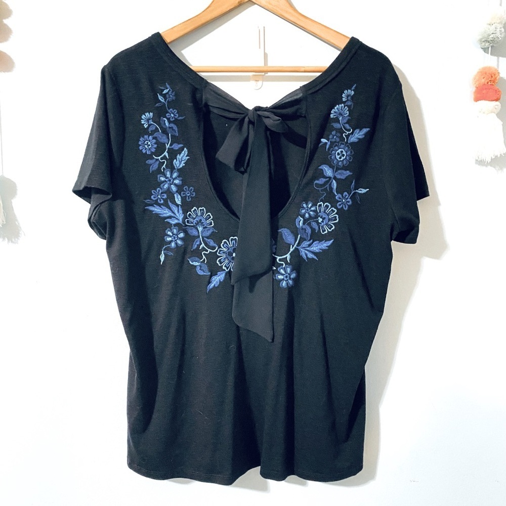 Lane Bryant Black and Blue Floral Embroidery Tie Back Top